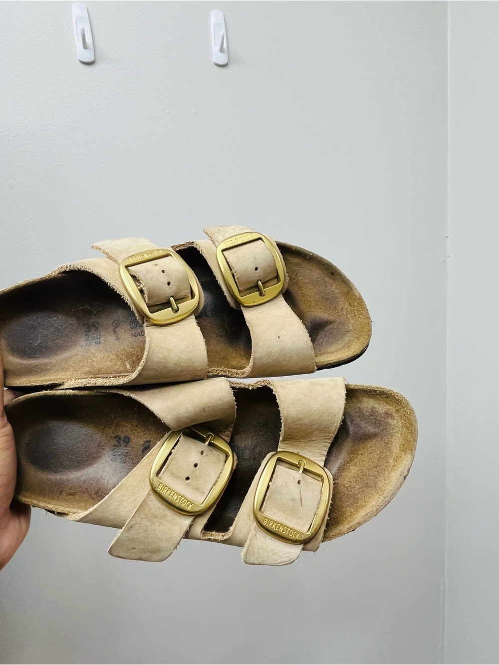 Birkenstock Two-Strap Sandal in Beige with Gold Buckles